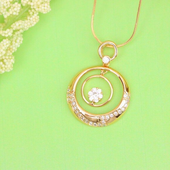 "Rose Gold Circular Pendant with Floating Crystal Flower Design, XPPT1487 - Picture 2 of 12